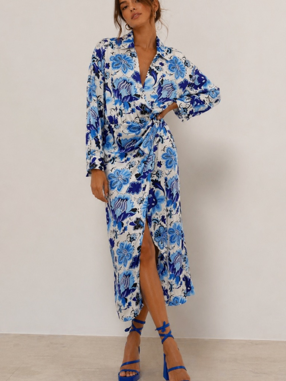 Blue Floral Wrap Midi Dress